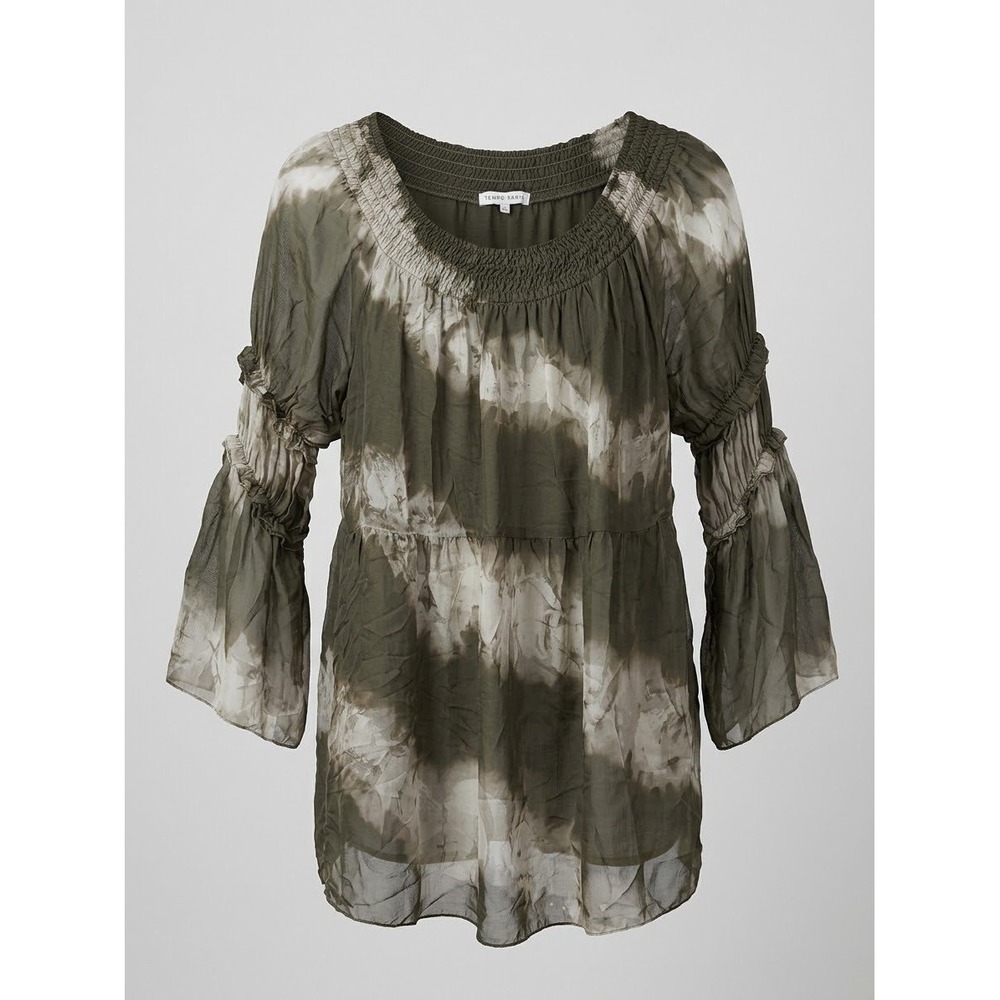 Tempo Paris Silk Blend Tie Dye Whimsigoth Tunic Top Olive Green Smocked Italy S
